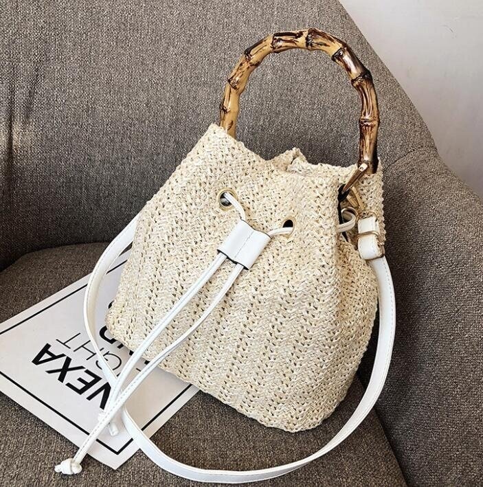 Drawstring Straw Backpack Brown M