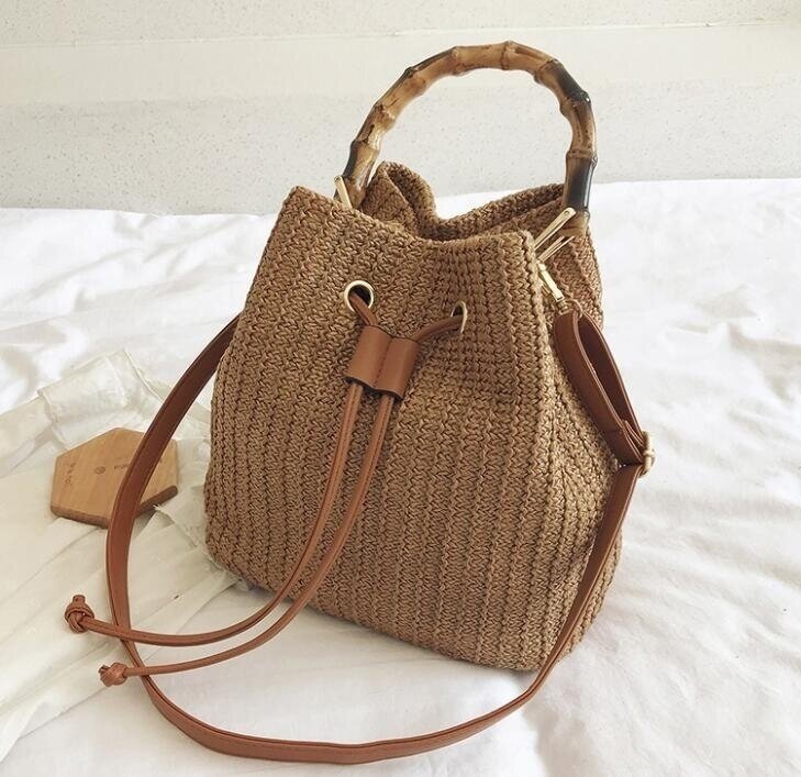 Drawstring Straw Backpack Brown M
